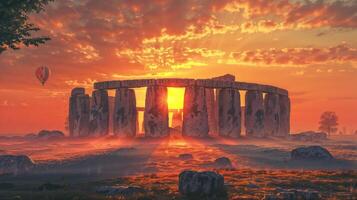 ai generado puesta de sol terminado Stonehenge con caliente aire globo foto