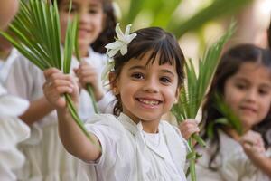 AI generated Joyful children with palm leaves at festive event photo