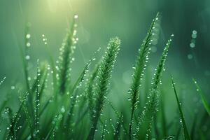 AI generated Fresh dewdrops on green grass blades photo