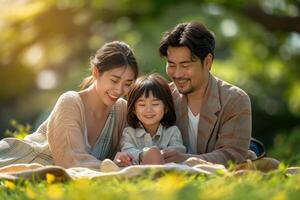 ai generado asiático familia disfrutando hora juntos al aire libre foto