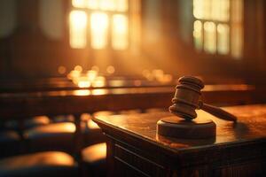 AI generated Warm sunlight bathes a courtroom, highlighting a judge's gavel on the bench photo