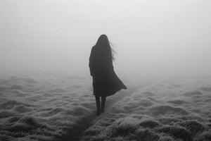 ai generado silueta de un persona caminando en un denso niebla terminado un herboso paisaje foto