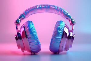 ai generado elegante moderno auriculares iluminado por vibrante neón rosado y azul ligero foto