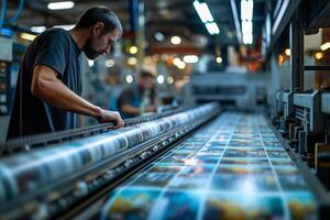 AI generated Focused worker inspects print quality on a production line at a modern printing facility photo