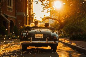 ai generado recién casados en un Clásico coche con sólo casado firmar, celebrando como ellos conducir a puesta de sol foto