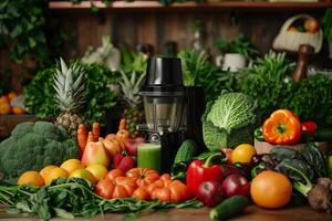 AI generated Fresh juice and colorful fruits and vegetables on kitchen counter photo