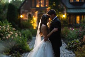 ai generado romántico Boda Pareja abrazando a oscuridad foto