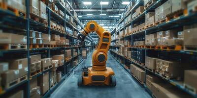 AI generated Advanced robotic arm in modern warehouse photo