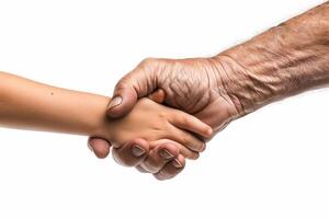 AI generated Intergenerational handshake on white background photo