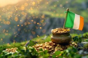 AI generated Magical pot of gold with irish flag in lush landscape photo