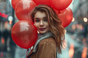 AI generated Young woman with red balloons on a rainy city street photo