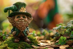 AI generated Whimsical leprechaun statue amid gold coins and clovers, evoking irish folklore charm photo