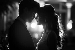 AI generated Black and white image of a bride and groom's silhouette in a tender moment photo