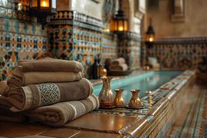 AI generated Elegantly folded towels beside a tranquil spa pool with ornate moroccan tiles and metal pitchers photo