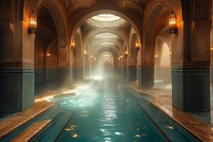 ai generado místico interior piscina en oriental arquitectónico ajuste foto