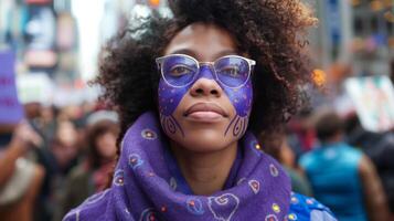 AI generated Young woman with vibrant face paint in urban setting photo