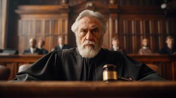 AI generated Stern judge presiding over courtroom photo