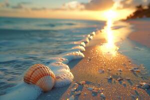 AI generated Sunset glow on seashell at beach photo