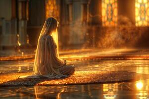 AI generated Woman meditates peacefully in a sunlit room with warm, golden hues photo