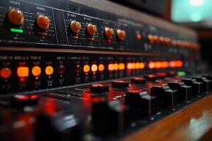 AI generated Close-up of vintage audio mixing console in studio photo