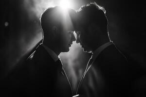 ai generado negro y blanco imagen capturar un cerca, emocional intercambiar Entre dos hombres foto