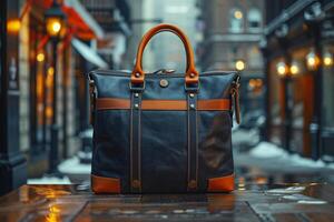 AI generated Elegant leather briefcase on urban street photo