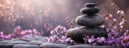 AI generated Serene zen stones with blooming flowers photo