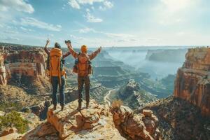 AI generated Adventurous couple enjoying grand canyon view photo