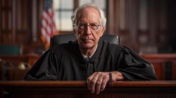 AI generated Mature male judge poses seriously in a courtroom setting photo