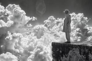 AI generated Silhouetted figure in hat stands on mountain overlooking majestic clouds photo