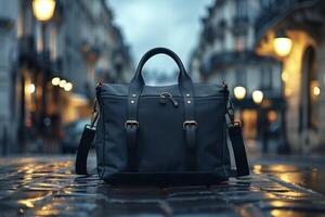 AI generated Elegant leather briefcase on cobbled street at twilight photo