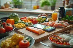 ai generado sano Cocinando ingredientes con teléfono inteligente en cocina mostrador foto