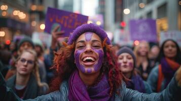 AI generated Joyful woman at street protest with crowd photo