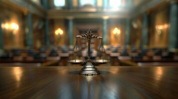 AI generated Close-up of balanced scales of justice on a wooden table in a courtroom setting photo