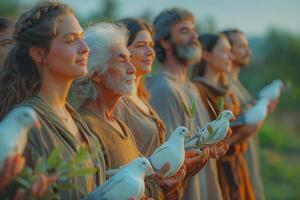 AI generated Peace ceremony with white doves at sunset photo