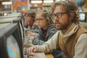 AI generated Male teacher with students using vintage computers in a classroom setting photo