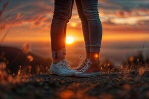 AI generated Close-up view of a person's feet in white sneakers on a mountain path during a vibrant sunset photo