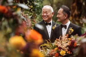 ai generado mayor masculino Pareja Comparte un alegre vistazo a su al aire libre boda, rodeado por lozano flora foto