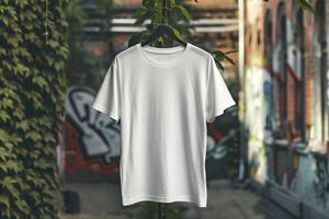 AI generated Blank white t-shirt mockup in urban street setting photo