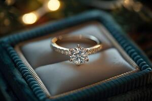 ai generado de cerca de un diamante compromiso anillo en un lujoso terciopelo caso, con suave bokeh luces foto