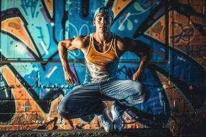 AI generated Athletic young man performing street dance photo