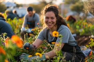 ai generado alegre jardinero tendiendo a flores a puesta de sol foto