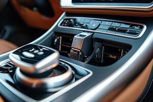 AI generated Close-up of a high-end car's gear shift area with elegant controls and finishes photo