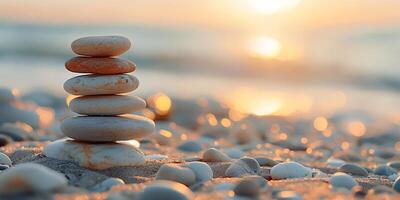 ai generado tranquilo apilar de zen piedras en un playa a amanecer, simbolizando equilibrar y paz foto