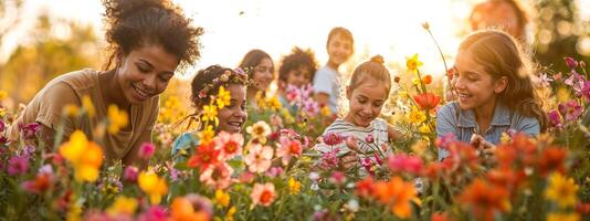 ai generado alegre grupo de amigos disfrutando un flor campo a puesta de sol foto