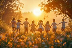 ai generado niños participación manos a puesta de sol en prado foto