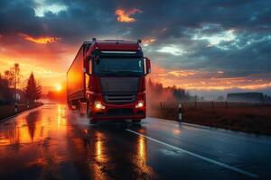 ai generado rojo semi camión en movimiento en un mojado autopista a amanecer, con vibrante cielo foto