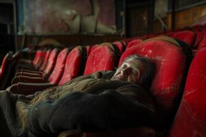 AI generated Elder person sleeps peacefully amidst decayed red seats of a forsaken theater photo