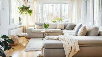 AI generated Cozy living room interior with a sectional sofa, plants, and large windows photo