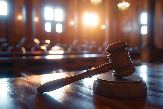 AI generated Gavel on judge's bench in courtroom photo